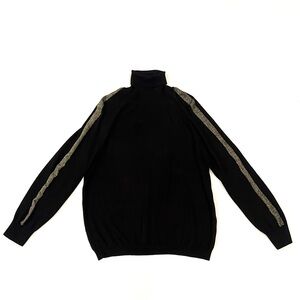 August Silk Black Turtle Neck Sweater with Gold Stripe Sleeve Accents Large EUC